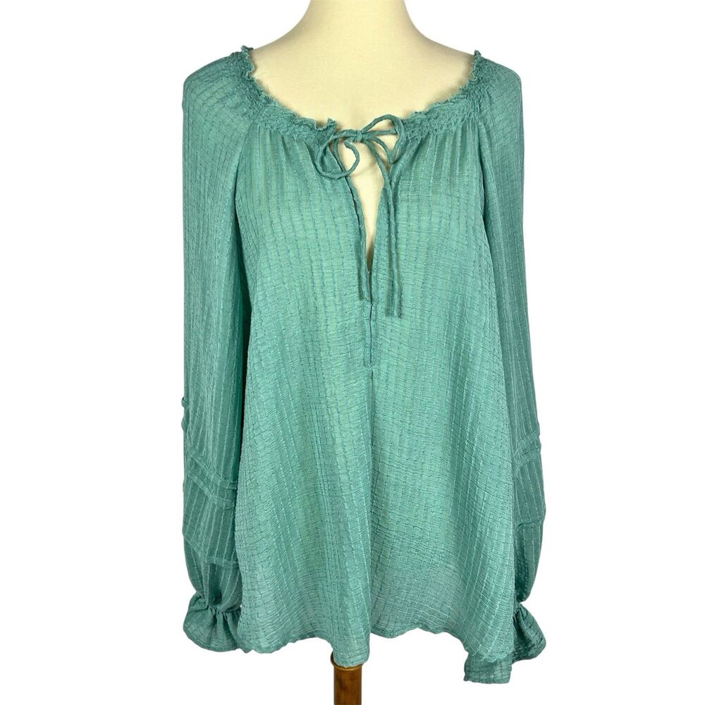 Free People Out Of Town Green Long Balloon Sleeve Boho Peasant Top Medium - Picture 2 of 12
